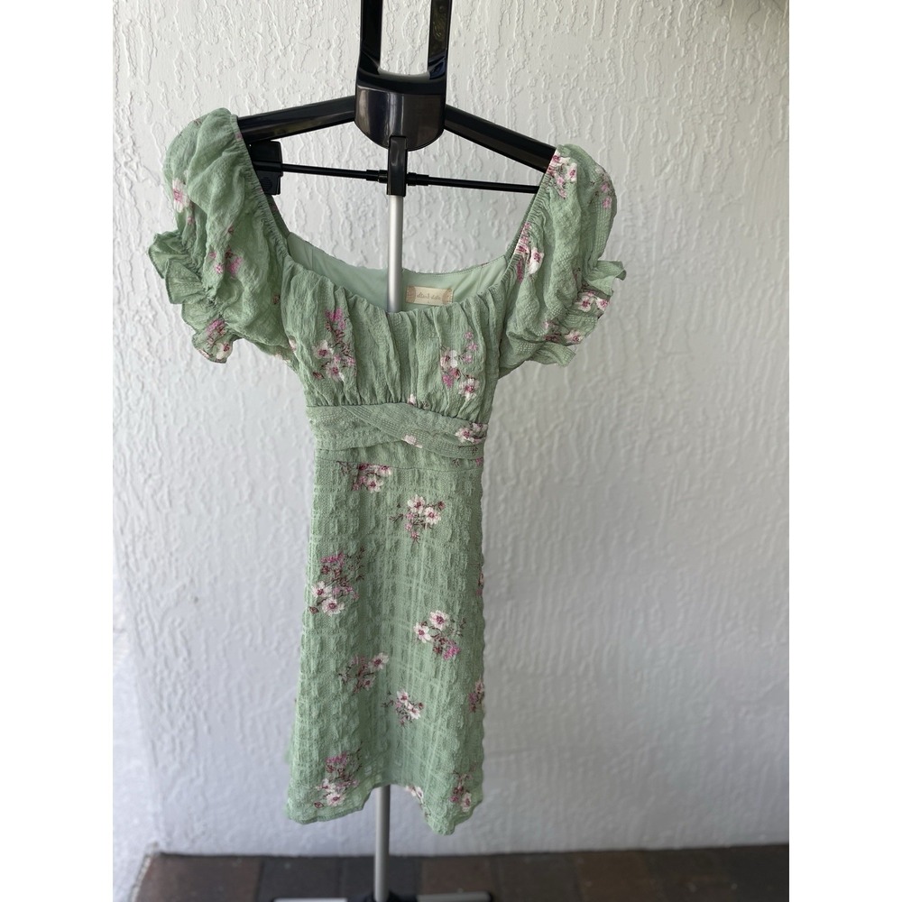 Altar'd‎ State Sage Green Floral Seersucker Ruffle Mini Dress Large Tie Back L - Picture 2 of 9